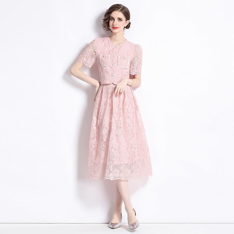 Embroidered French Lace Single Breasted Blouse and Skirt Two Piece Set - 8562#607_PINK (EOSS)
